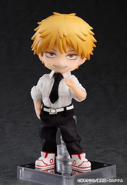 Chainsaw Man Nendoroid Doll Denji Rerelease featuring Denji in a chibi doll design with blonde hair, sharp grin, white shirt, black tie, black pants, and sneakers.