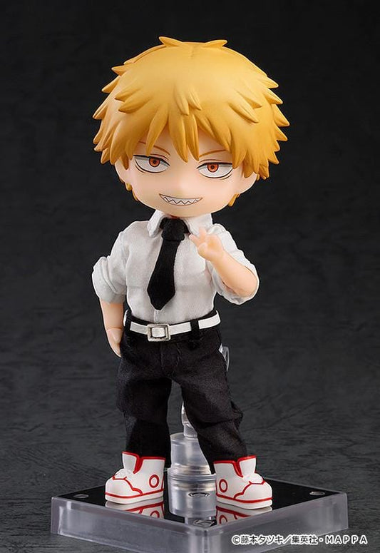 Chainsaw Man Nendoroid Doll Denji Rerelease featuring Denji in a chibi doll design with blonde hair, sharp grin, white shirt, black tie, black pants, and sneakers.