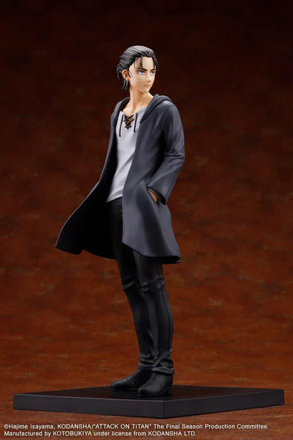 Attack on Titan Oshi Works Eren Yeager The Final Season Ver. Figure featuring Eren with slicked-back hair, dark coat, serious expression, and display base.
