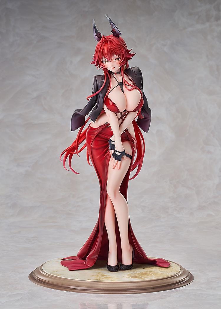 Scale figure of Red Hood from Goddess of Victory: Nikke wearing a red gown and jacket, standing on a decorative base.