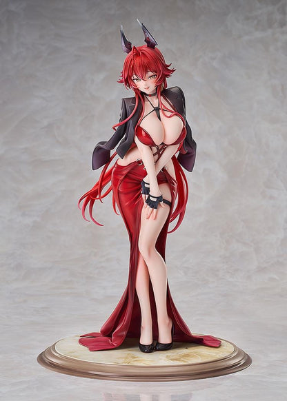 Scale figure of Red Hood from Goddess of Victory: Nikke wearing a red gown and jacket, standing on a decorative base.