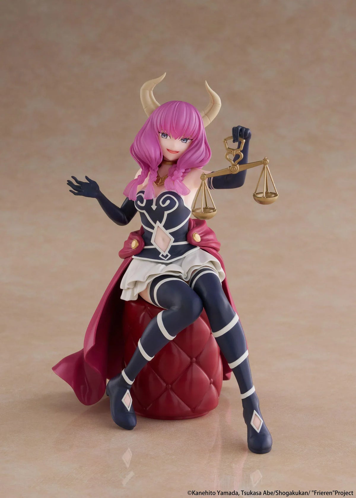 Desktop Cute Aura figure seated on a burgundy tufted stool, with purple hair, curved horns, a dark outfit, and golden balance scales held aloft.