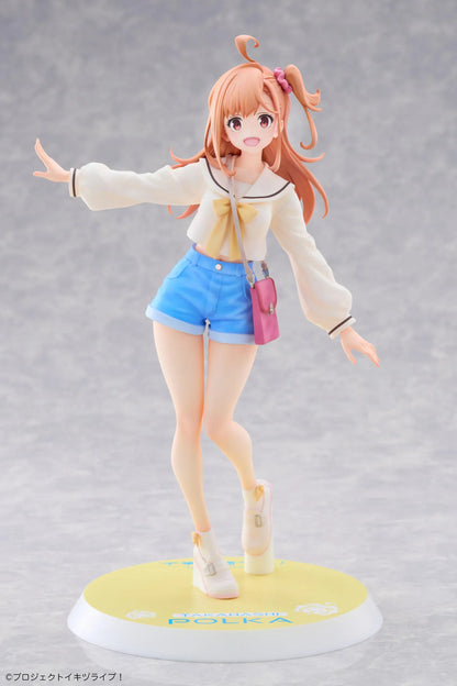 Polka Takahashi 1/7 scale figure with orange hair, a white sailor-style top, blue shorts, and a pink shoulder bag, posed on a yellow base.
