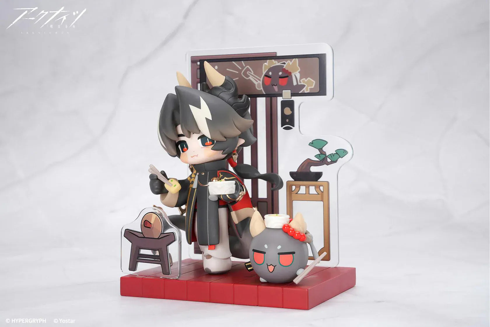 Arknights Cuties Series Chongyue chibi figure with themed dining accessories and decorative display base