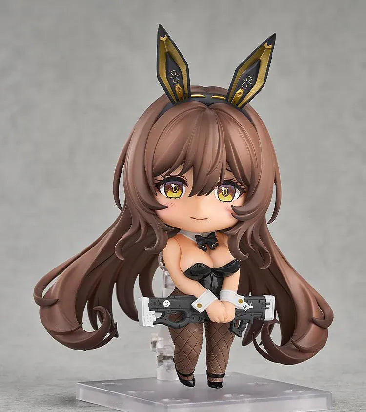 GODDESS OF VICTORY NIKKE Nendoroid Noir Figure featuring Noir in a black bunny outfit with long brown hair, fishnet stockings, and a weapon accessory.