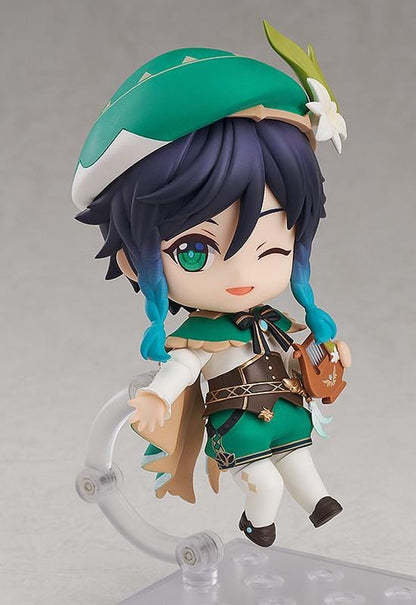 Genshin Impact Nendoroid Venti Figure Rerelease featuring Venti with green outfit, bard hat, braided teal hair accents, winking expression, and lyre accessory.