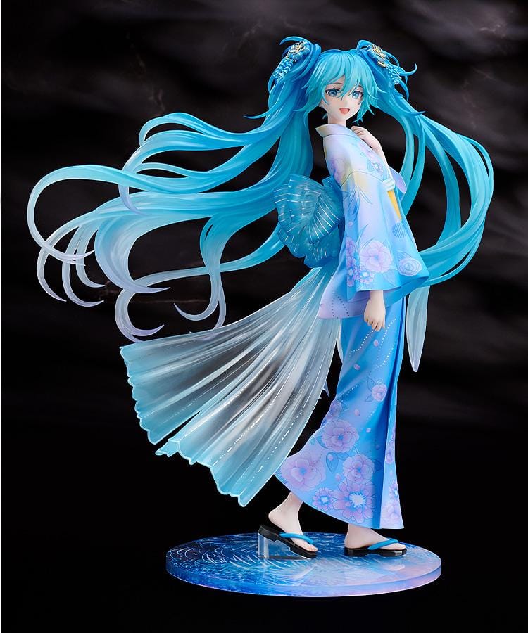 Vocaloid Hatsune Miku Music and Fire Works Ver 1/7 Scale Figure wearing a blue yukata with flowing turquoise twin tails and fireworks display base