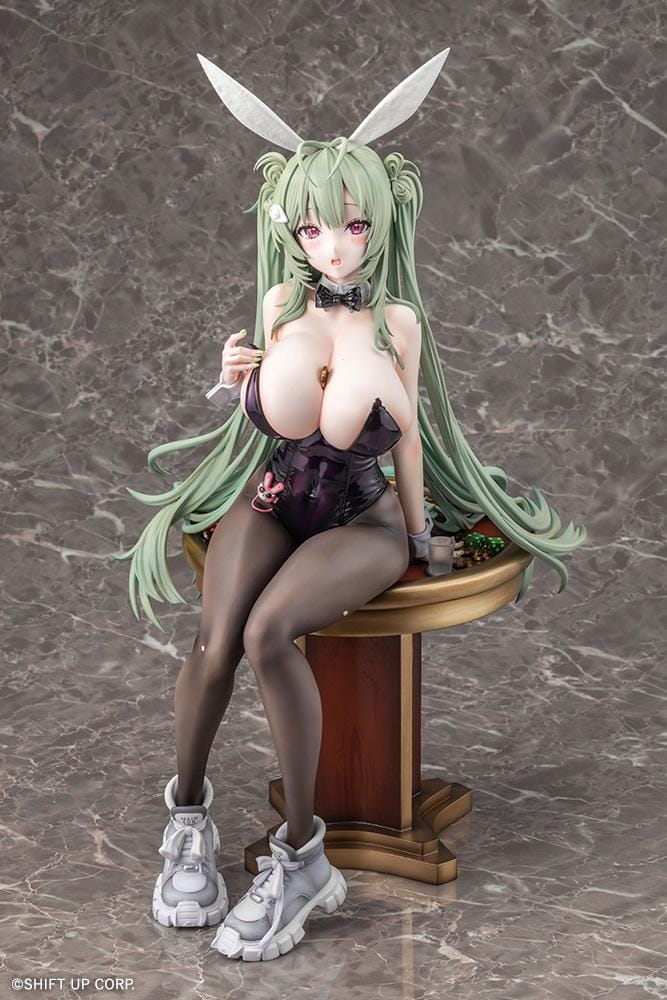 Soda Twinkling Bunny 1/4 scale figure seated in a black bunny outfit with sheer tights, mint-green twin tails, and tall bunny ears.