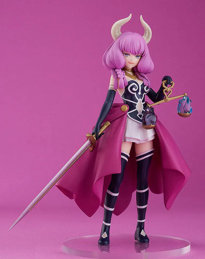 Frieren Beyond Journey's End POP UP PARADE Aura Figure with pink hair, horns, magenta cape, sword, and scale accessory