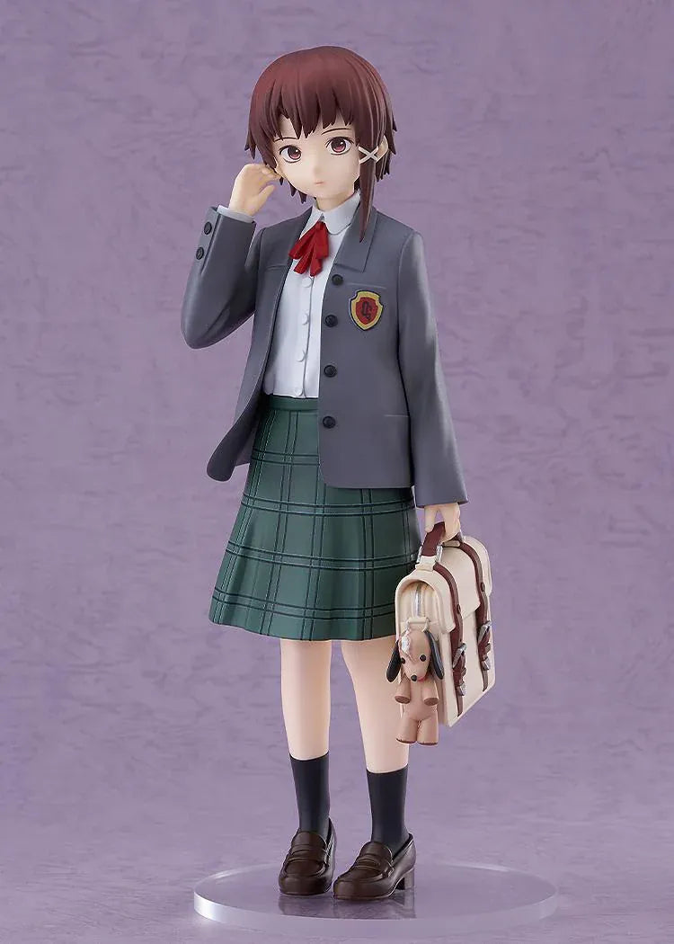 Lain Iwakura POP UP PARADE L Size figure in a gray blazer and green plaid skirt, holding a cream-colored school bag with a dog charm.