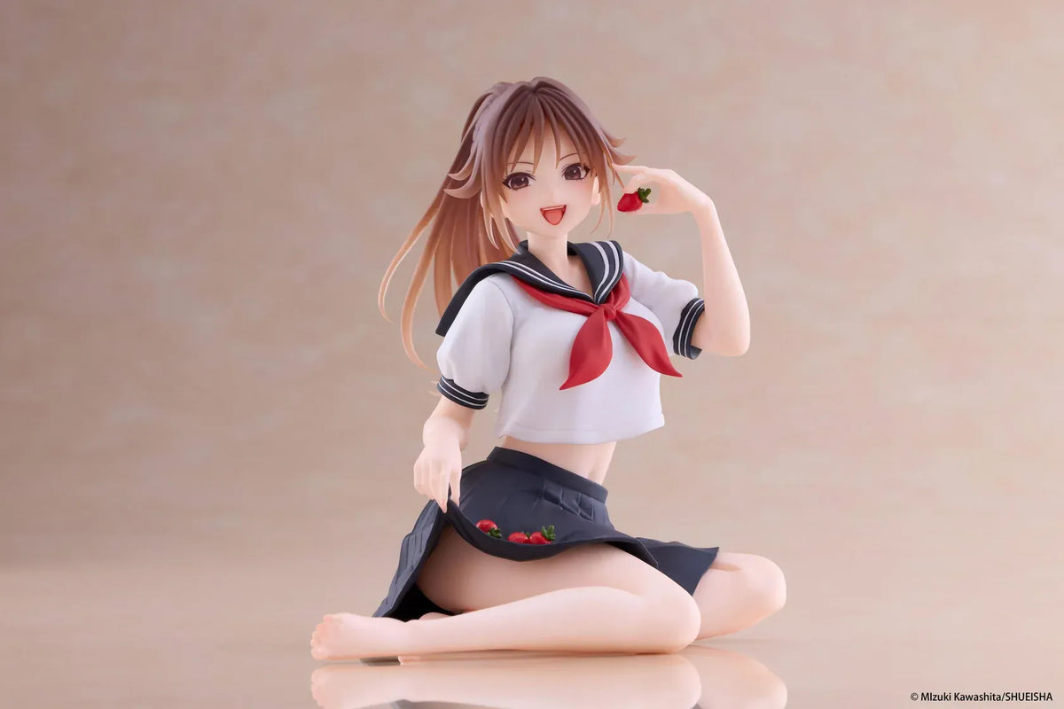 Desktop Cute Satsuki Kitaoji School Uniform Ver. figure seated with a brown ponytail, white and navy sailor uniform, and a strawberry held beside her smiling face.