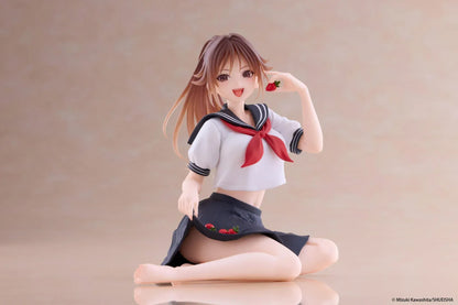 Desktop Cute Satsuki Kitaoji School Uniform Ver. figure seated with a brown ponytail, white and navy sailor uniform, and a strawberry held beside her smiling face.