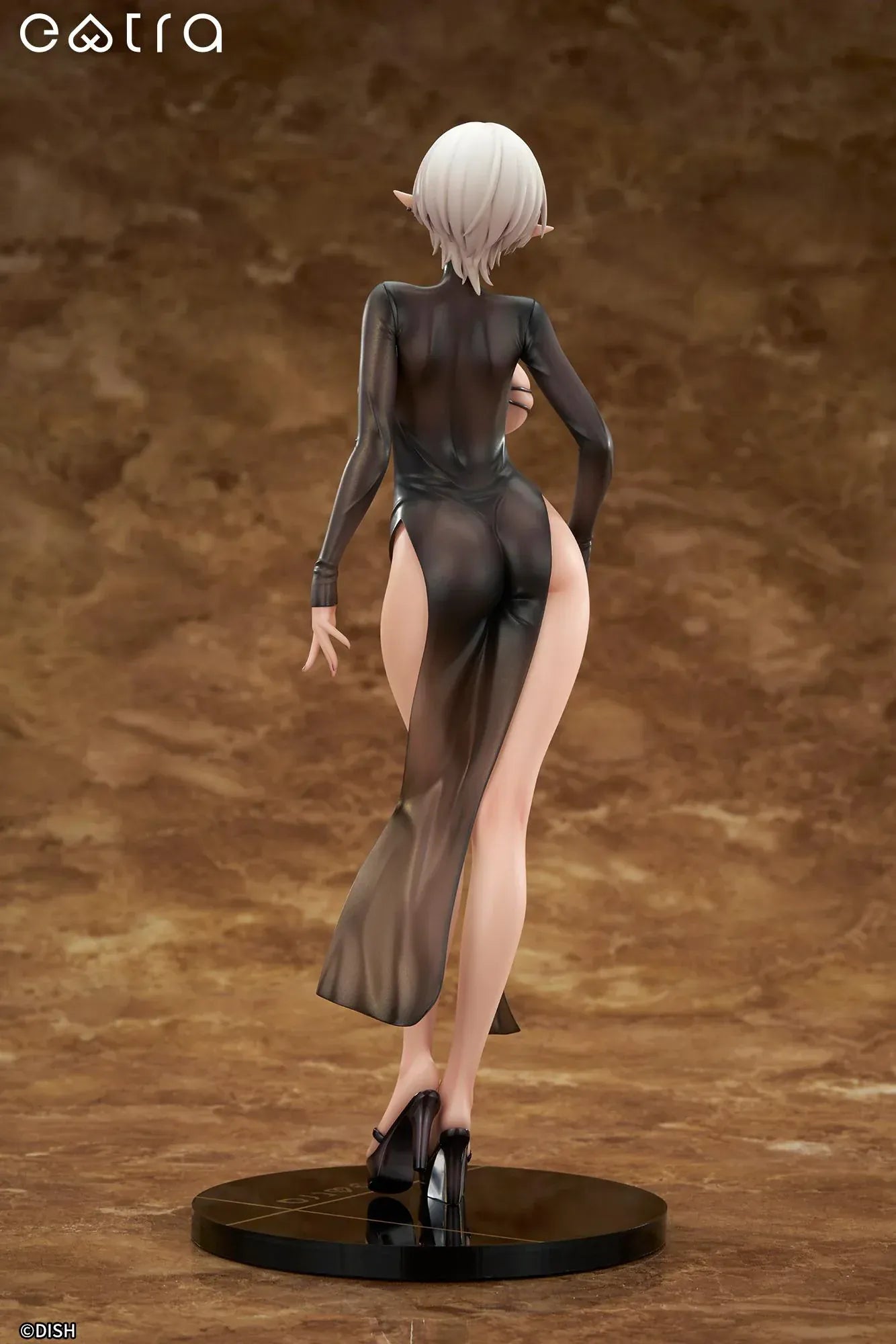 Extra Lilith 1/6 scale figure by DISH, a silver-haired dark-elf woman in a sleek black outfit with translucent skirt standing on a glossy round base.