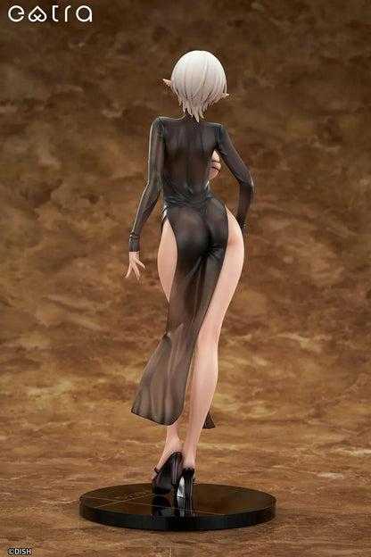 Extra Lilith 1/6 scale figure by DISH, a silver-haired dark-elf woman in a sleek black outfit with translucent skirt standing on a glossy round base.