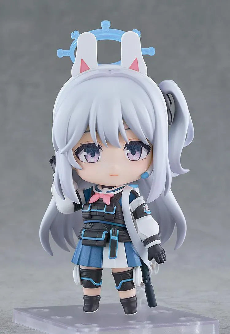 Blue Archive Nendoroid Miyako Tsukiyuki with silver hair, rabbit-ear headband, blue halo, white jacket, blue skirt, and black tactical gear.