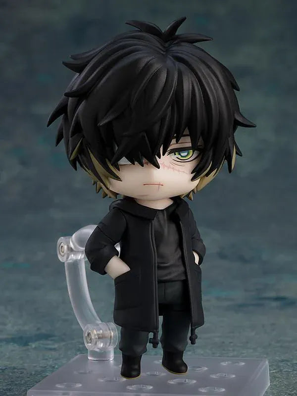 Slow Damage Nendoroid Towa Figure rerelease with black hair, green eye, facial scars, and black outfit