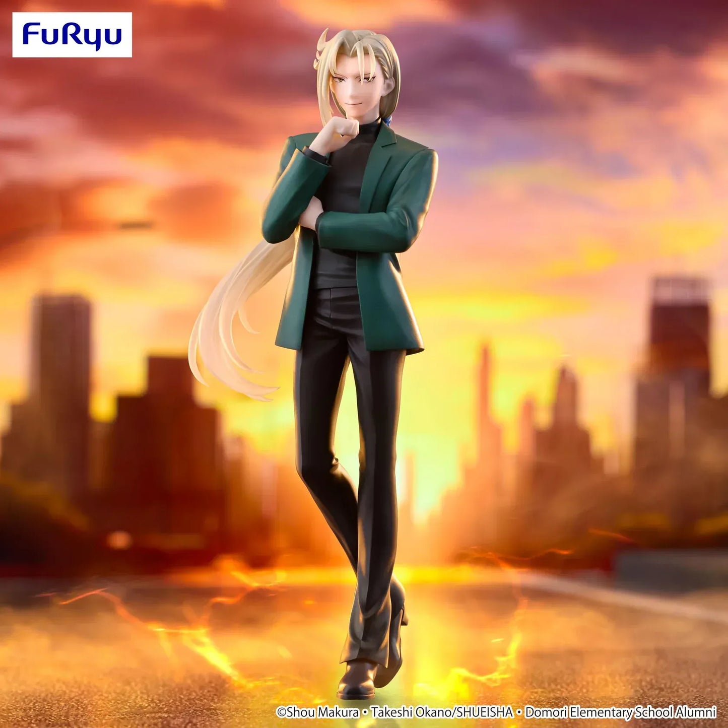 Anime figure of Kyosuke Tamamo from Hell Teacher: Jigoku Sensei Nube standing confidently in a green blazer with long blond hair against a fiery sunset city backdrop.
