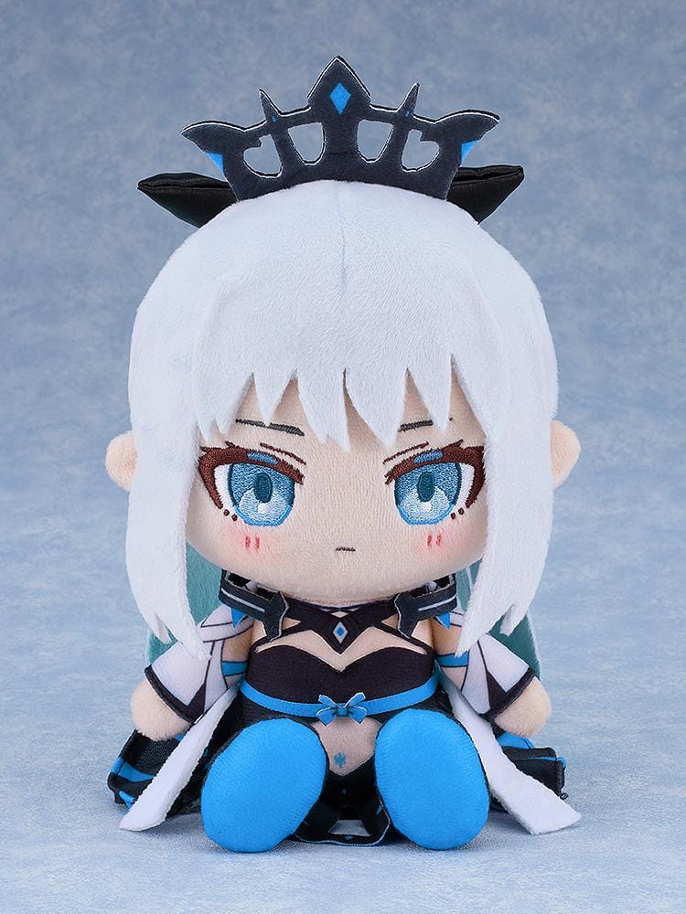 Fate/Grand Order Chocopuni Berserker Morgan plushie sitting with crown, white hair, and black-and-blue outfit