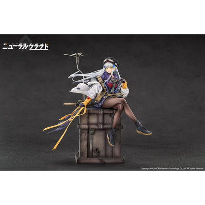 Girls' Frontline Neural Cloud Klukai 1/7 Scale Figure with long silver hair, military-inspired outfit, weapon accessories, seated pose, crate-style base, and bonus item