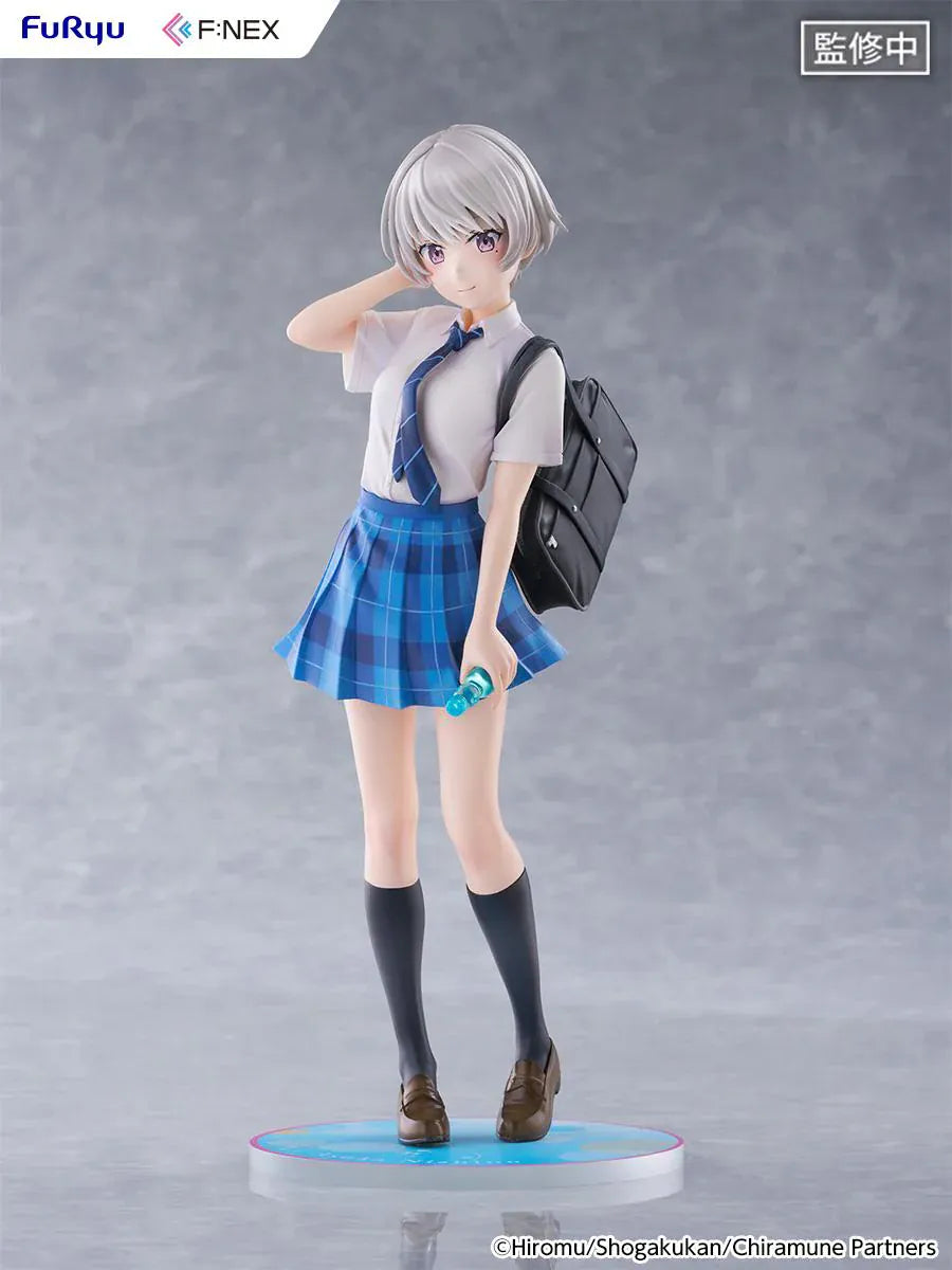 Chitose Is in the Ramune Bottle Asuka Nishino 1/7 Scale Figure with short silver hair, blue plaid skirt, school uniform outfit, backpack, drink bottle accessory, and display base