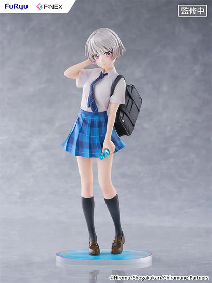 Chitose Is in the Ramune Bottle Asuka Nishino 1/7 Scale Figure with short silver hair, blue plaid skirt, school uniform outfit, backpack, drink bottle accessory, and display base