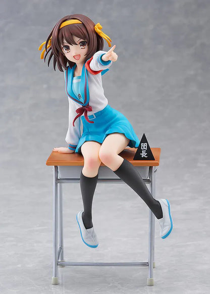 Haruhi Suzumiya 20th Anniversary 1/7 scale figure sitting on desk in school uniform