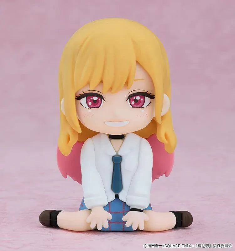 My Dress-Up Darling Nendoroid Plus Marin Kitagawa rubber mascot figure with blonde and pink hair, a white shirt, blue tie, and plaid skirt.