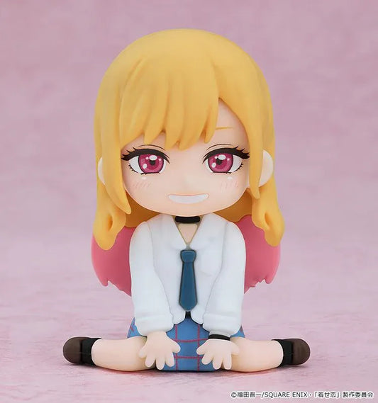 My Dress-Up Darling Nendoroid Plus Marin Kitagawa rubber mascot figure with blonde and pink hair, a white shirt, blue tie, and plaid skirt.