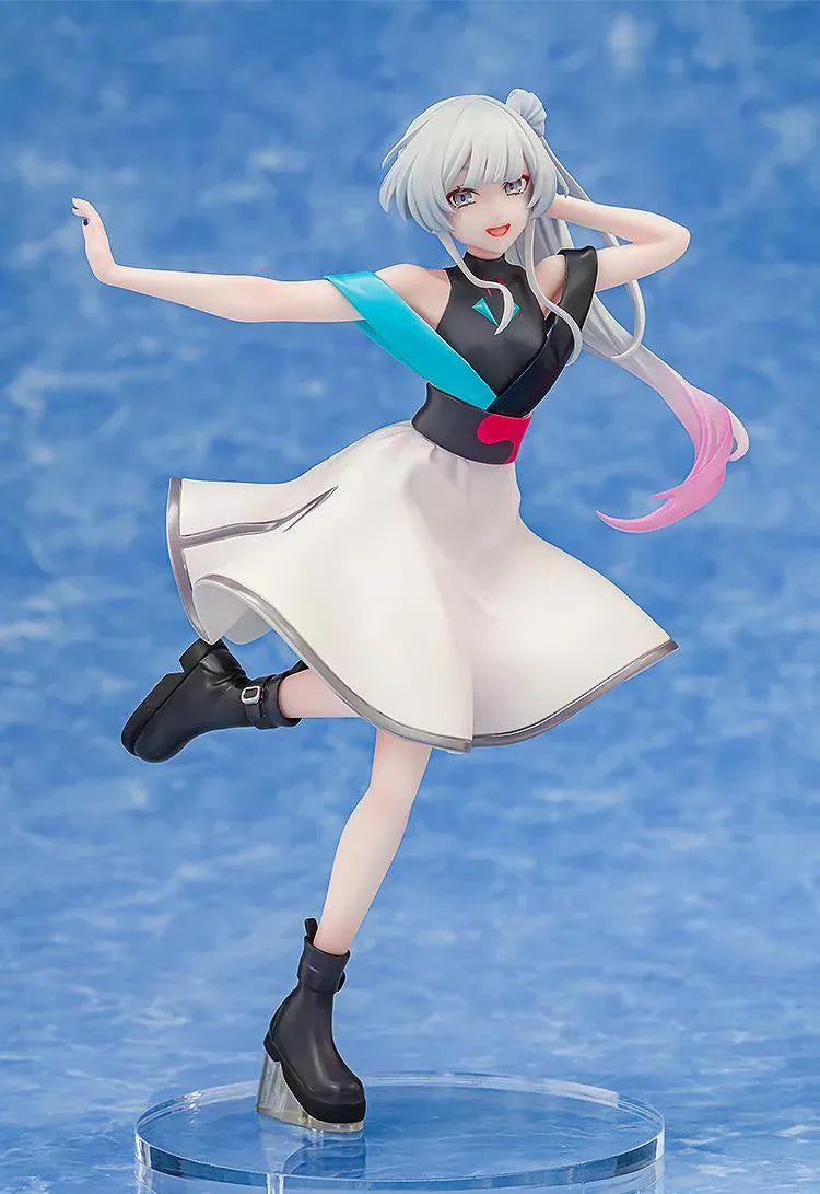 Yachiyo Runami Collaboration Concert Ver. figure with silver and pink-tipped hair, a white concert dress, and black boots, posed with one leg lifted.