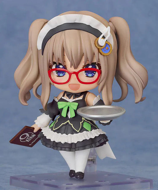 9-nine Nendoroid No.2868 Miyako Kujo Maid Ver chibi figure with red glasses, black-and-white maid outfit, tray and menu