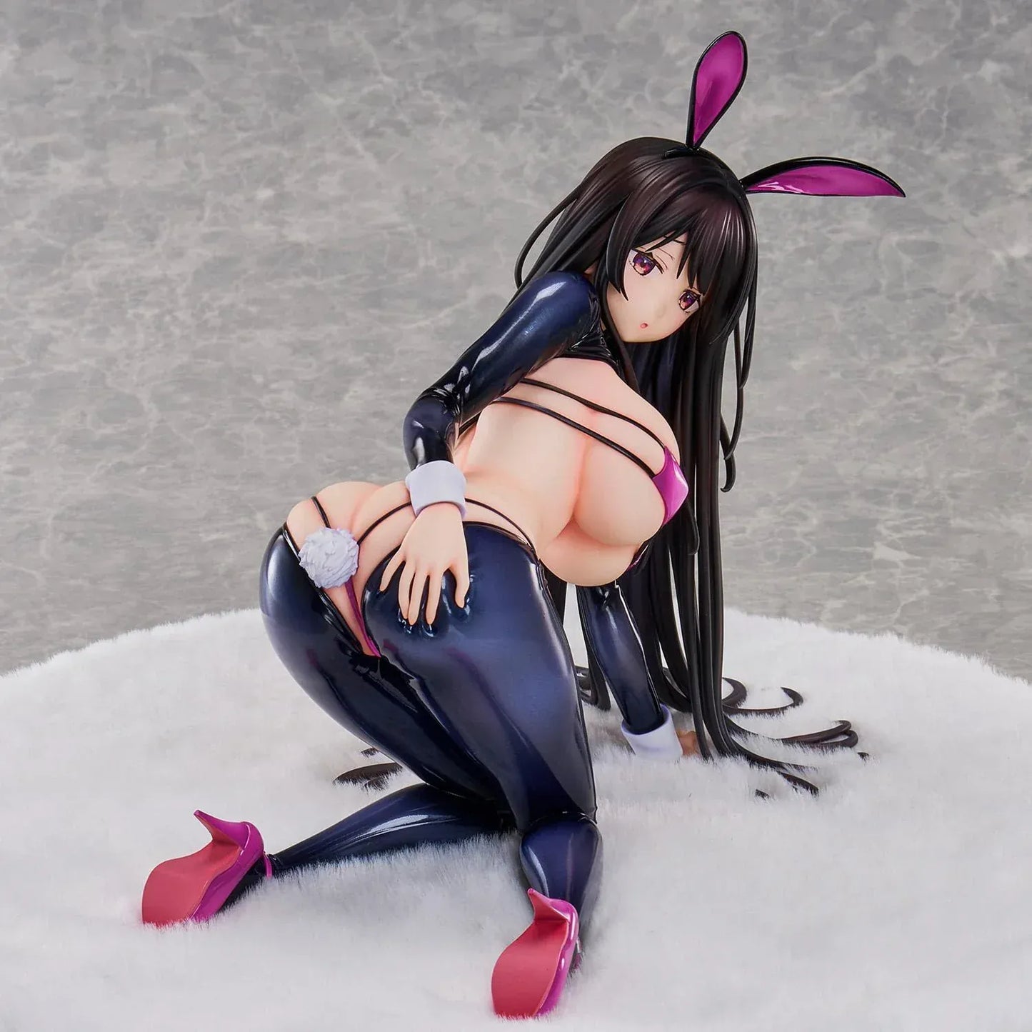 Reverse Bunny anime figure based on a Hirari illustration, posed low to the ground in a glossy dark bunny suit with long flowing hair and pink heels.
