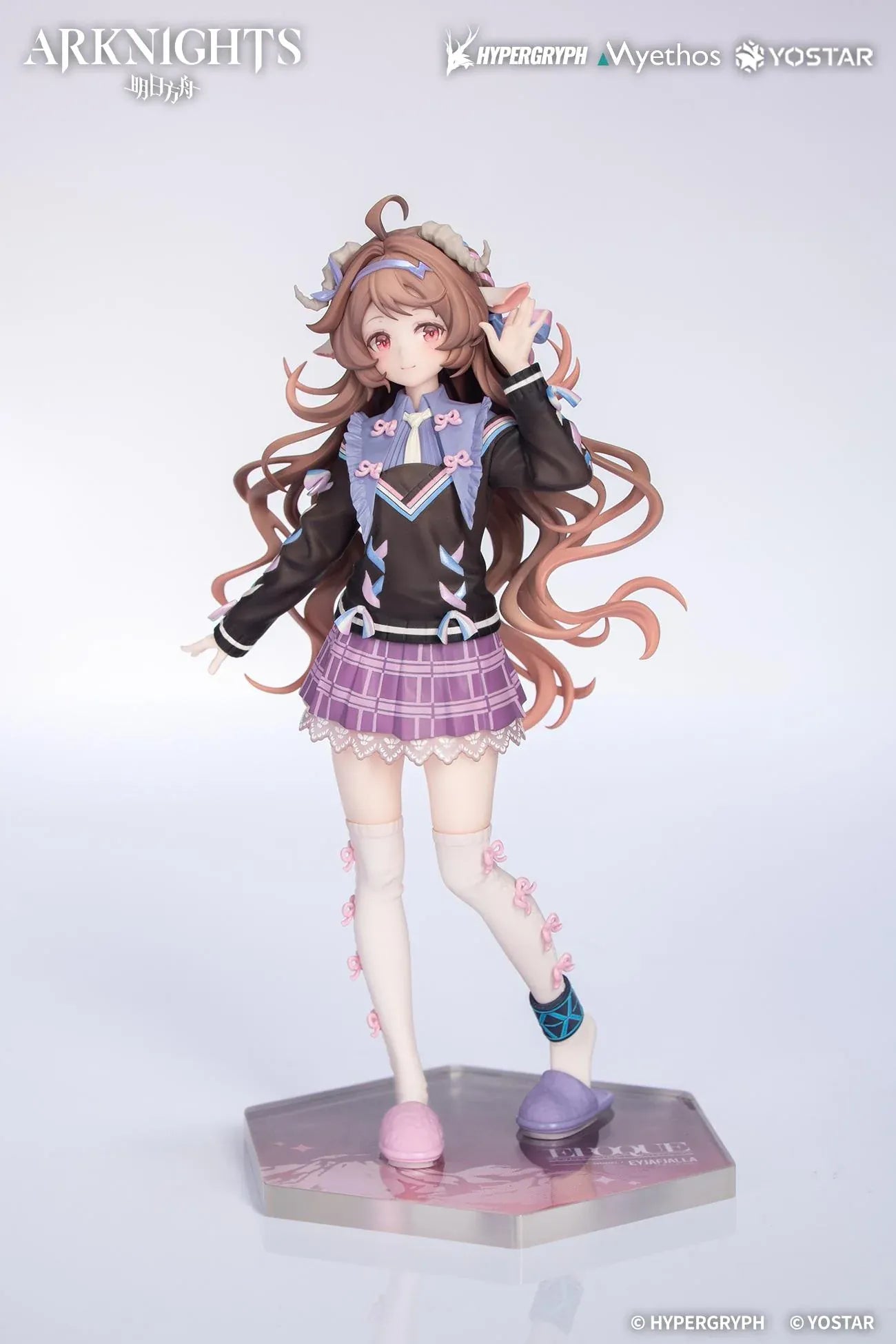 Arknights Gift Plus Eyjafjalla the Hvit Aska One More Story Ver 1/8 Scale Figure wearing a purple plaid skirt, thigh-high socks, pastel accessories, and slippers