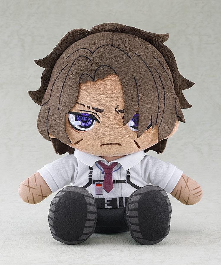 Limbus Company Heathcliff plush with brown hair, embroidered purple eyes, a scowling expression, white shirt, burgundy tie, and black boots.
