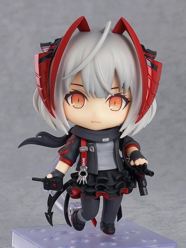 Arknights Nendoroid W Figure (Rerelease) featuring a silver-gray-haired anime girl with orange eyes, red and black horns, a black and red combat outfit, flowing scarf, and weapon accessories in a cute chibi design.