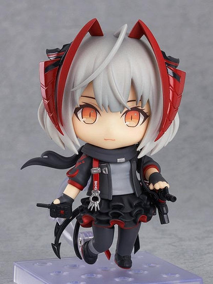 Arknights Nendoroid W Figure (Rerelease) featuring a silver-gray-haired anime girl with orange eyes, red and black horns, a black and red combat outfit, flowing scarf, and weapon accessories in a cute chibi design.