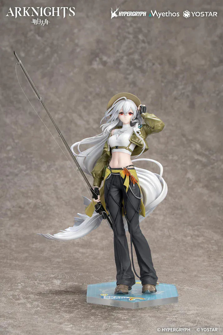 Arknights Gift+ Skadi Wildlight Wander Ver. 1/8 Scale Figure featuring Skadi with long white hair, fishing rod accessory, outdoor outfit, hat, and themed display base.