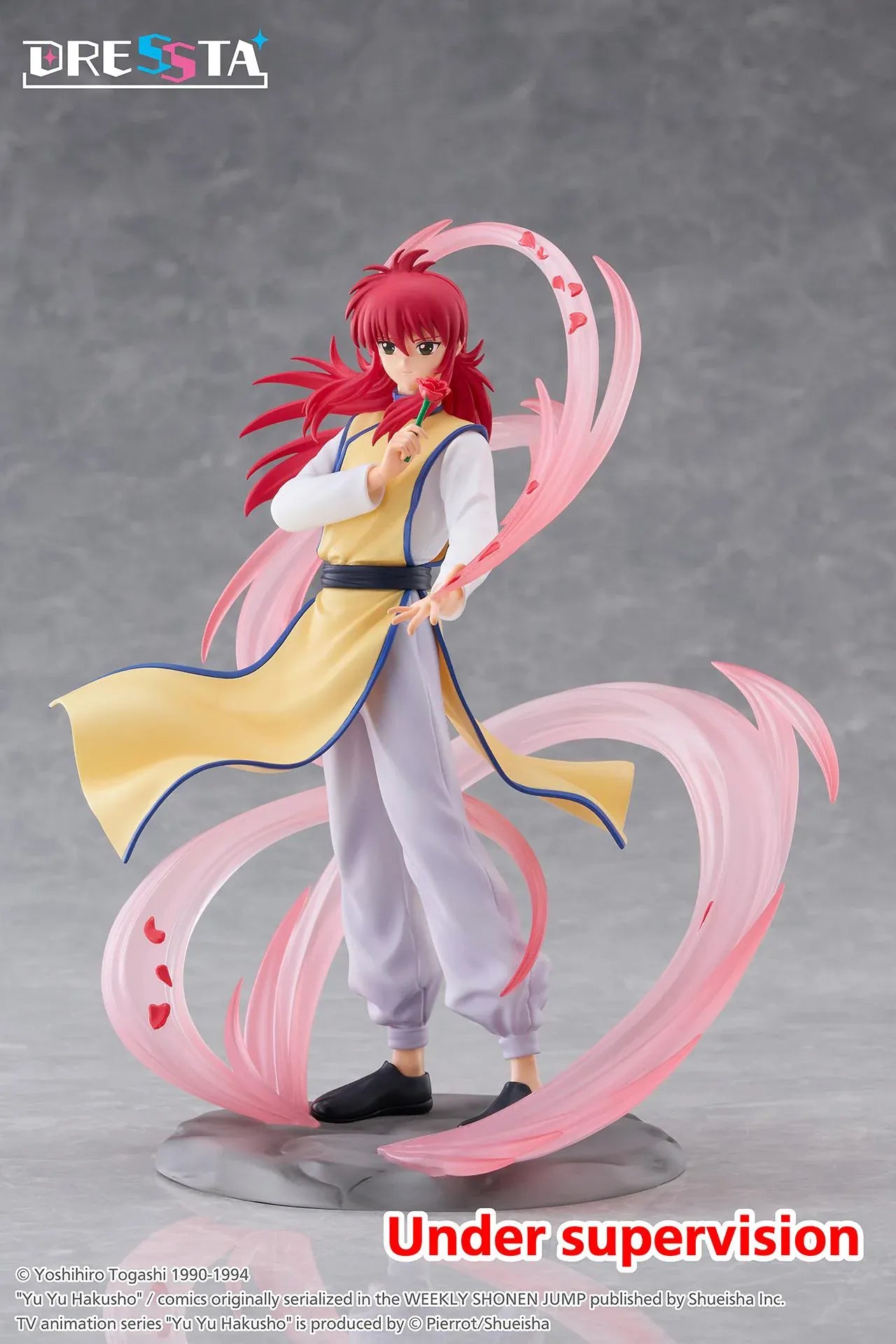 Yu Yu Hakusho Dressta Kurama Figure with red hair, yellow outfit, rose accessory, pink energy effects, and display base
