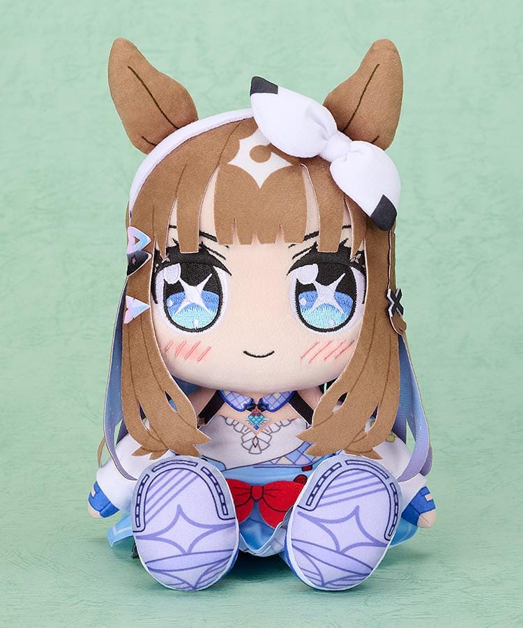Almond Eye Kuripan plushie with brown hair, horse ears, starry blue eyes, a white head bow, and a blue-and-white outfit with a red waist bow.