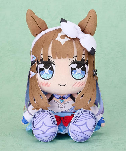 Almond Eye Kuripan plushie with brown hair, horse ears, starry blue eyes, a white head bow, and a blue-and-white outfit with a red waist bow.