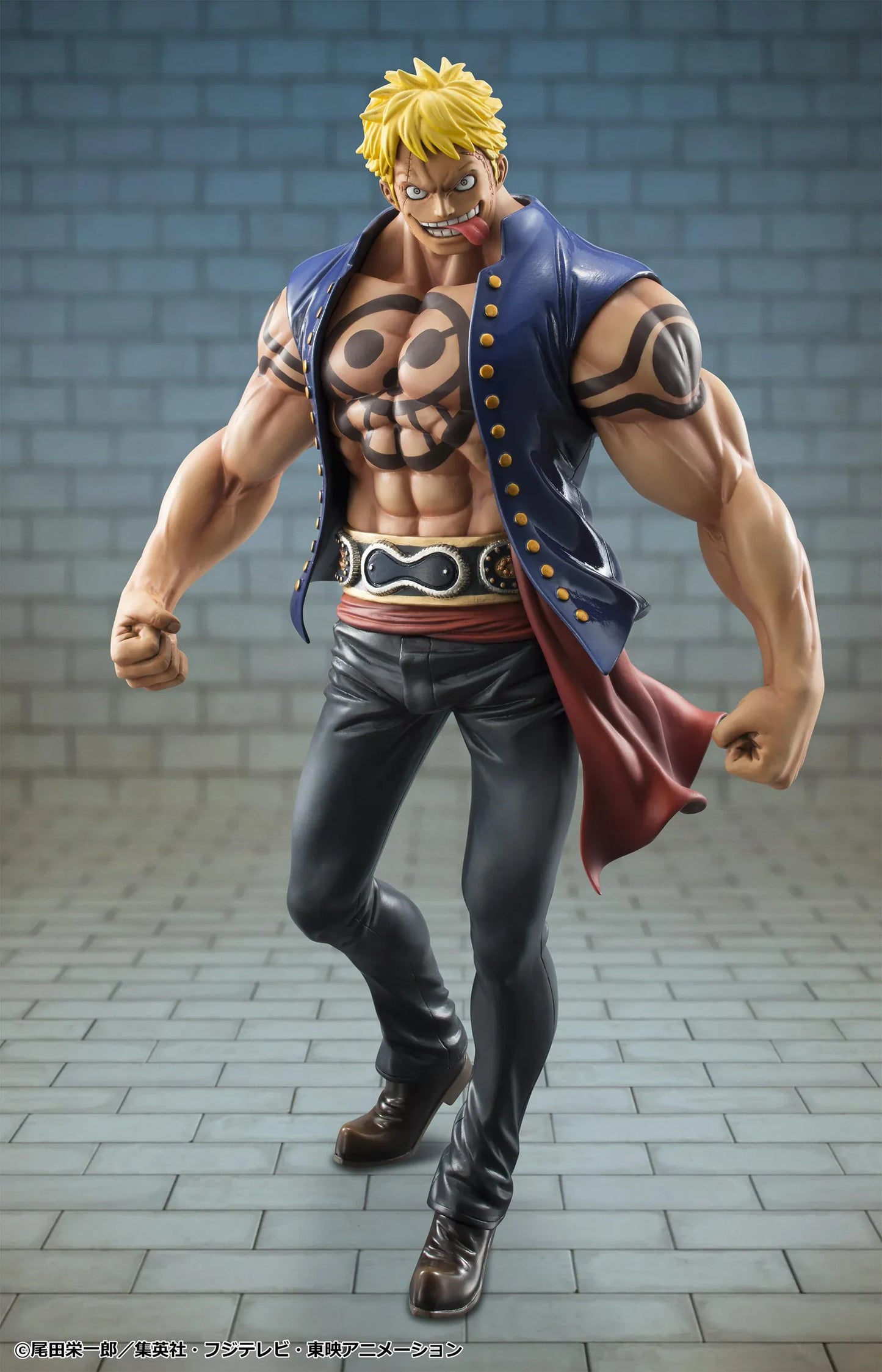 One Piece Portrait of Pirates Bellamy the Hyena Sailing Again Rerelease figure with blonde hair, blue vest, chest tattoo, black pants, and fierce pose