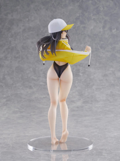 KoiKoi Sakura Kyou kara Suieibu Komon no Tama-chan Sensei 1/6 Scale Figure featuring a dark-haired anime woman with golden eyes wearing a black swimsuit, yellow athletic jacket, and white cap with a yellow brim, posing barefoot on a transparent circular base.