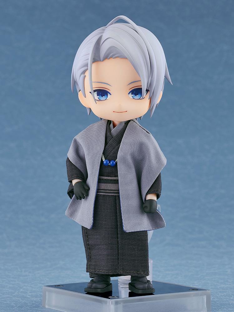 Nendoroid Doll of Yamanbagiri Chougi from Touken Ranbu Online wearing a gray kimono and haori with blue eyes and silver hair, standing in a neutral pose.