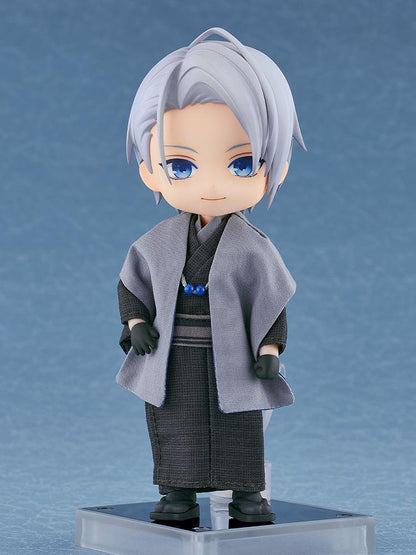 Nendoroid Doll of Yamanbagiri Chougi from Touken Ranbu Online wearing a gray kimono and haori with blue eyes and silver hair, standing in a neutral pose.
