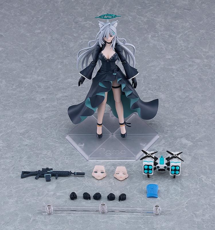 Blue Archive figma Shiroko Terror Figure with silver hair, wolf ears, halo, black outfit, flowing coat, and weapon accessory