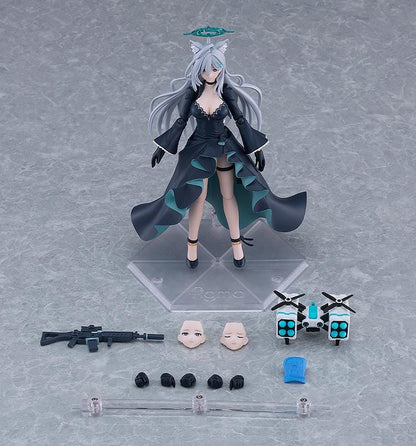 Blue Archive figma Shiroko Terror Figure with silver hair, wolf ears, halo, black outfit, flowing coat, and weapon accessory