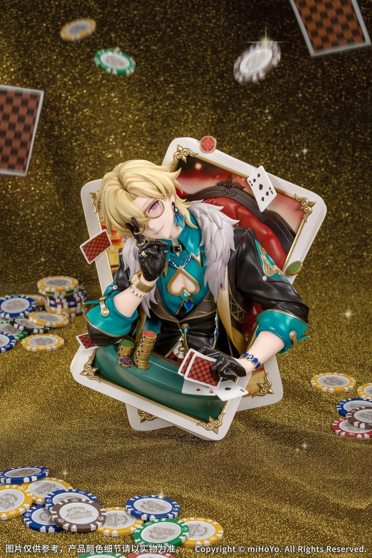 Honkai Star Rail Diorama Aventurine Inherently Unjust Destiny Ver. Non-Scale Figure featuring a blonde-haired character with purple eyes, glasses, a black and teal outfit with gold accents, and a white fur collar surrounded by playing cards, poker chips, and an ornate casino backdrop.