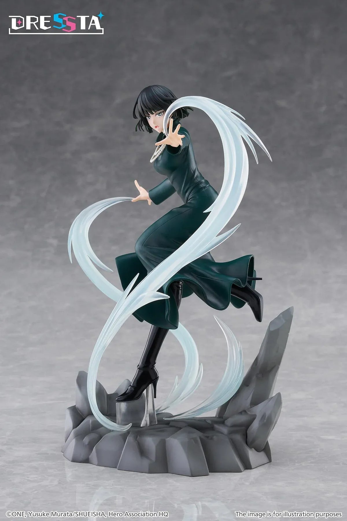 Hellish Blizzard Dressta figure in a flowing dark green dress surrounded by translucent psychic energy effects on a rocky base.