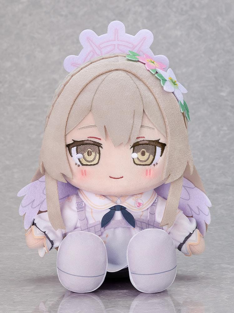 Blue Archive Chocopuni Plushie Nagisa with light blonde hair, halo, wings, floral hair accessory, and embroidered expression