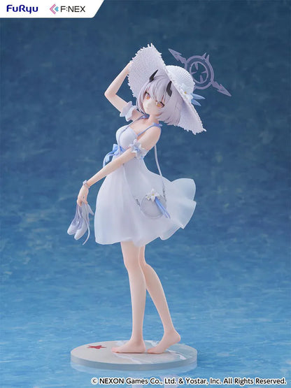Blue Archive Sena Casual 1/7 Scale Figure featuring Sena with short silver hair, white dress, wide-brim hat, sandals in hand, and seaside-themed display base.