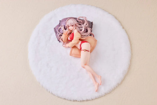 Makia 1/7 scale figure lying on a large fluffy white round base, wearing a cardigan and red lingerie, resting on a purple pillow